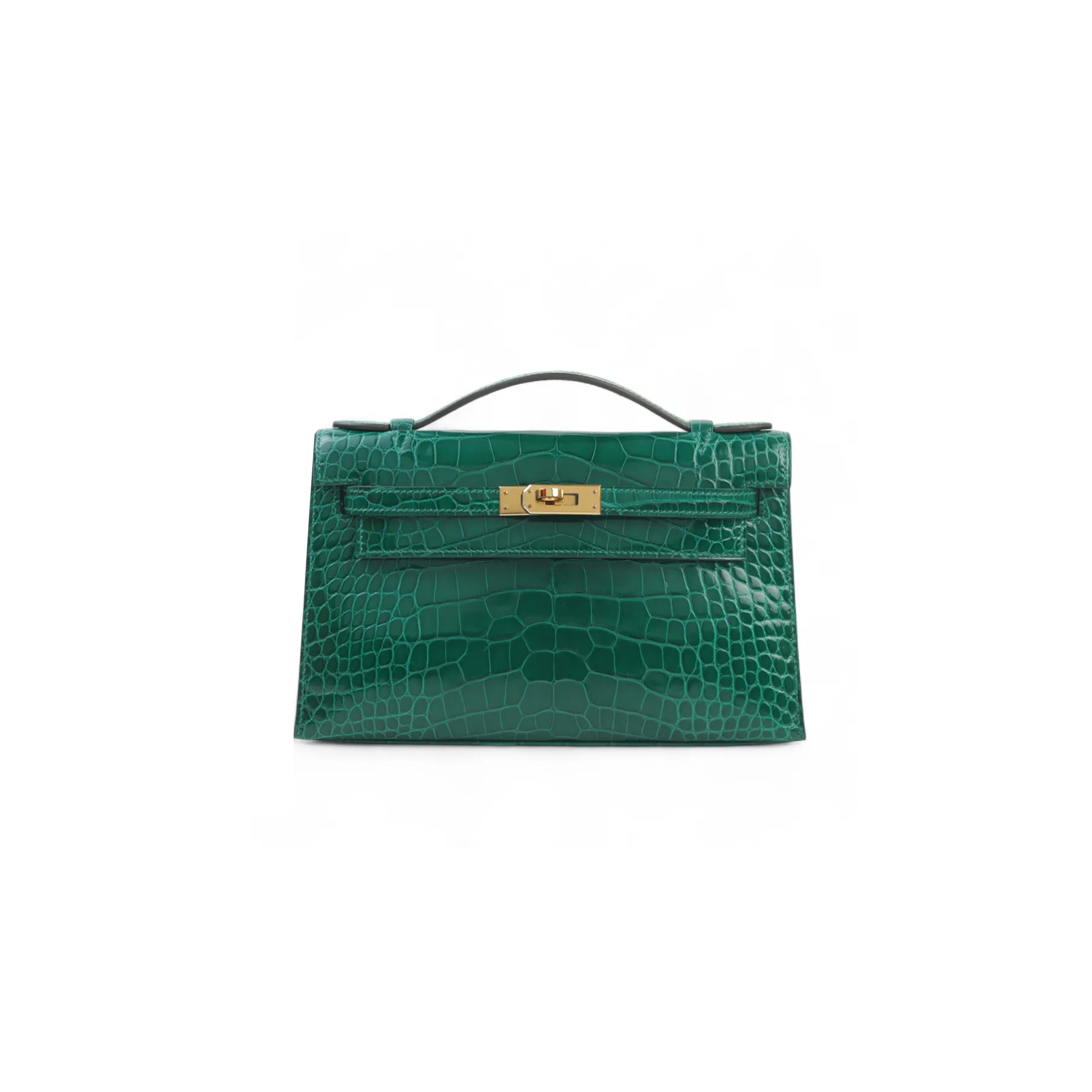 HERMÈS MASTER KELLY POCHETTE VERT EMERAUDE CROCODILE LEATHER GOLD BUCKLE (22*14*7cm)